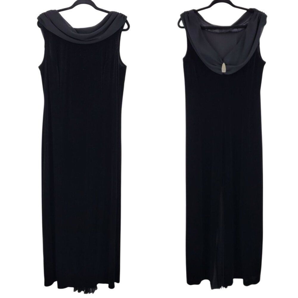 Vntage Black Velour Stretch Gown Sz 18 Scoop Back Jeweled Pleated Slit‎ Cocktail